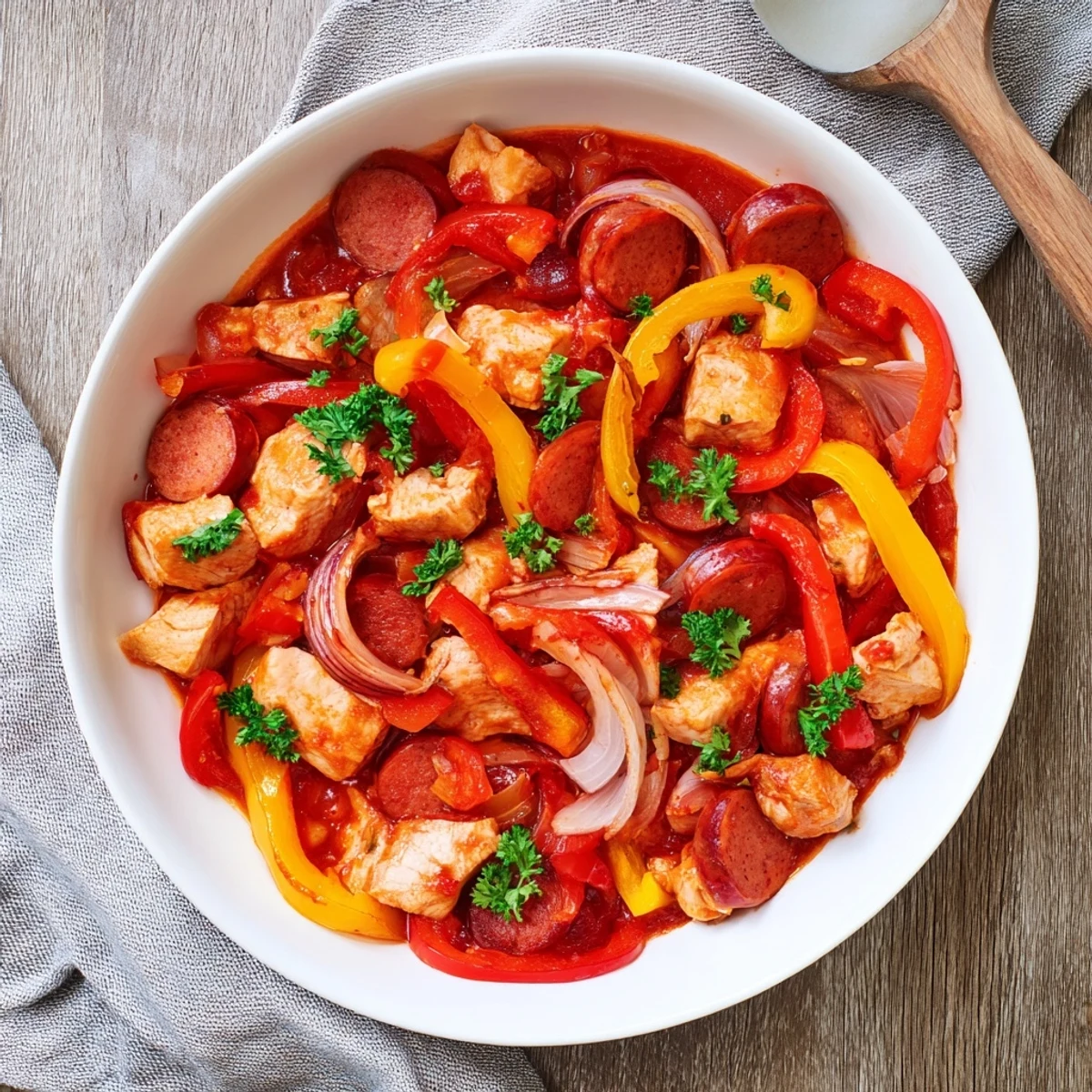 A close-up view of the hearty Capsicum, Tomato, and Chicken with Chorizo dish, featuring tender meat chunks and vibrant peppers coated in a thick, aromatic sauce. 