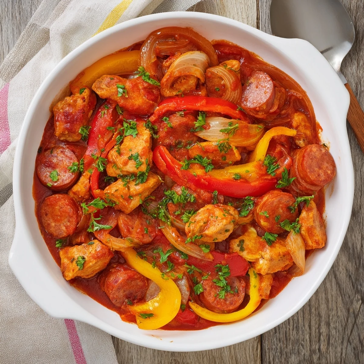 Steam rises from a rustic cast-iron skillet serving the Mediterranean-inspired Capsicum, Tomato, and Chicken with Chorizo, garnished with fresh parsley and ready to eat.