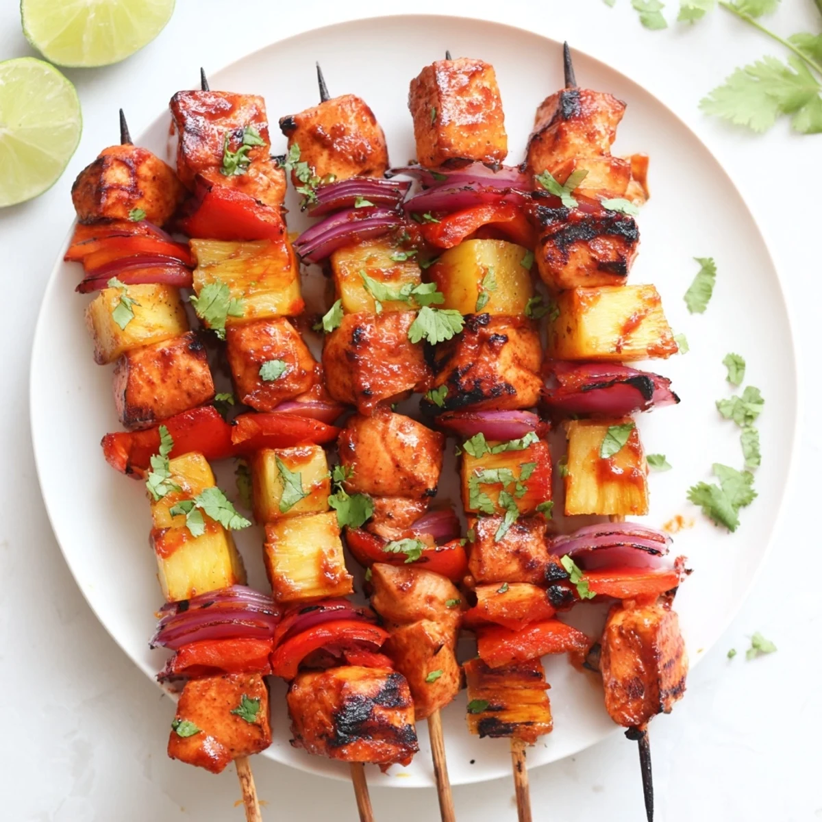 Tender marinated chicken and vibrant pineapple pieces are threaded on skewers for grilling.