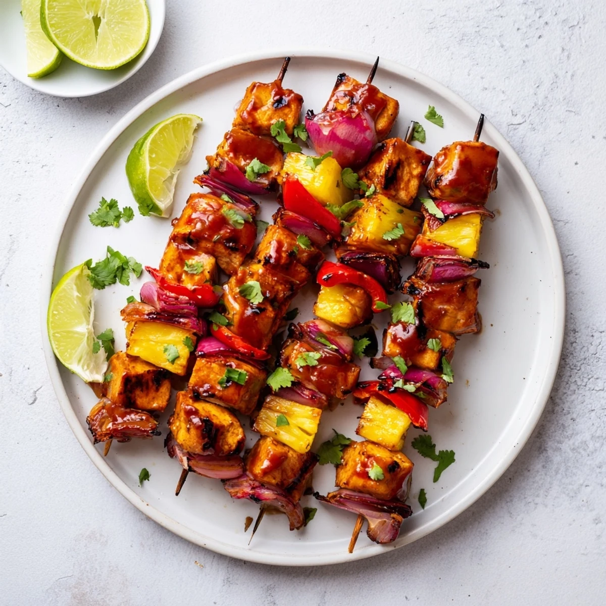 Chicken and Pineapple BBQ Skewers serve summer vibes with charred edges and fresh cilantro garnish.