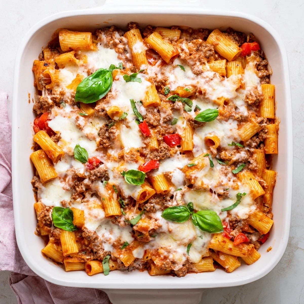 Golden melted mozzarella and Parmesan cheese top a baked dish of penne pasta and browned Italian sausage in rich tomato sauce, garnished with fresh basil.