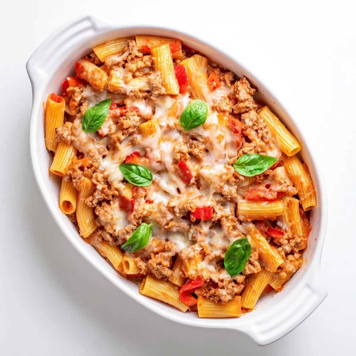 A close-up of the Quick Sausage Pasta Bake shows gooey, bubbly cheese covering savory pasta and sausage, served warm from the oven on a rustic table.