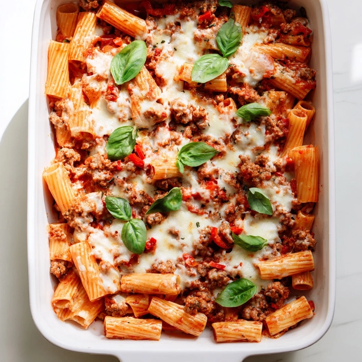 Steam rises from a hearty Quick Sausage Pasta Bake, featuring red tomato sauce, al dente pasta, and golden cheese crust, ready for a weeknight dinner.