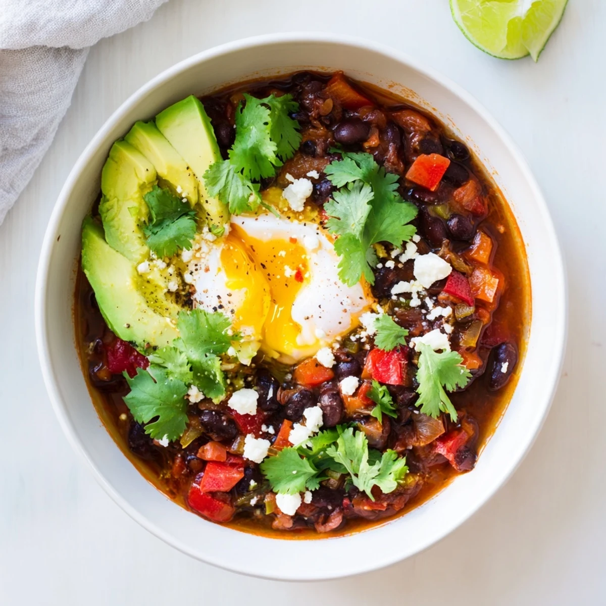 Creamy soft-boiled eggs top the Mexican Braised Beans, garnished with fresh cilantro and avocado in a warm bowl.