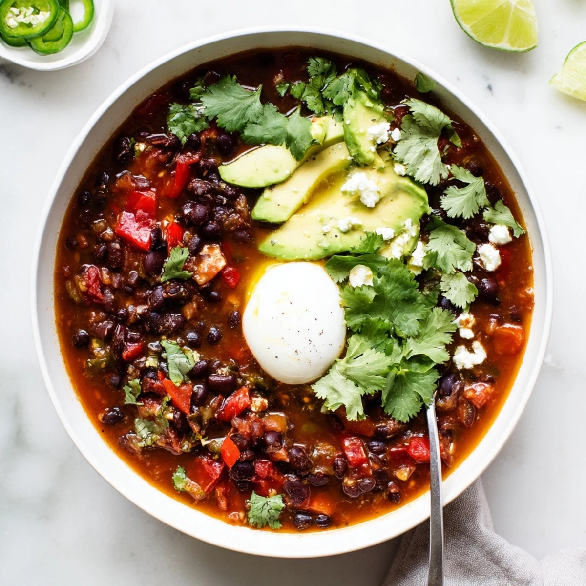 Warm Mexican Braised Beans simmer with spices, featuring tender black beans topped with a soft-boiled egg and lime wedges.