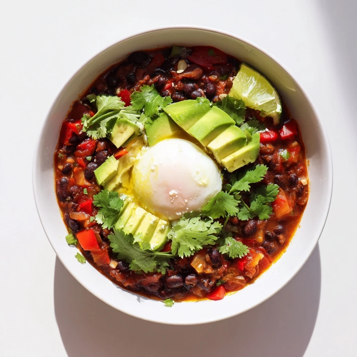 Savory Mexican Braised Beans served with avocado slices and queso fresco, topped with a soft-boiled egg for a comforting meal.