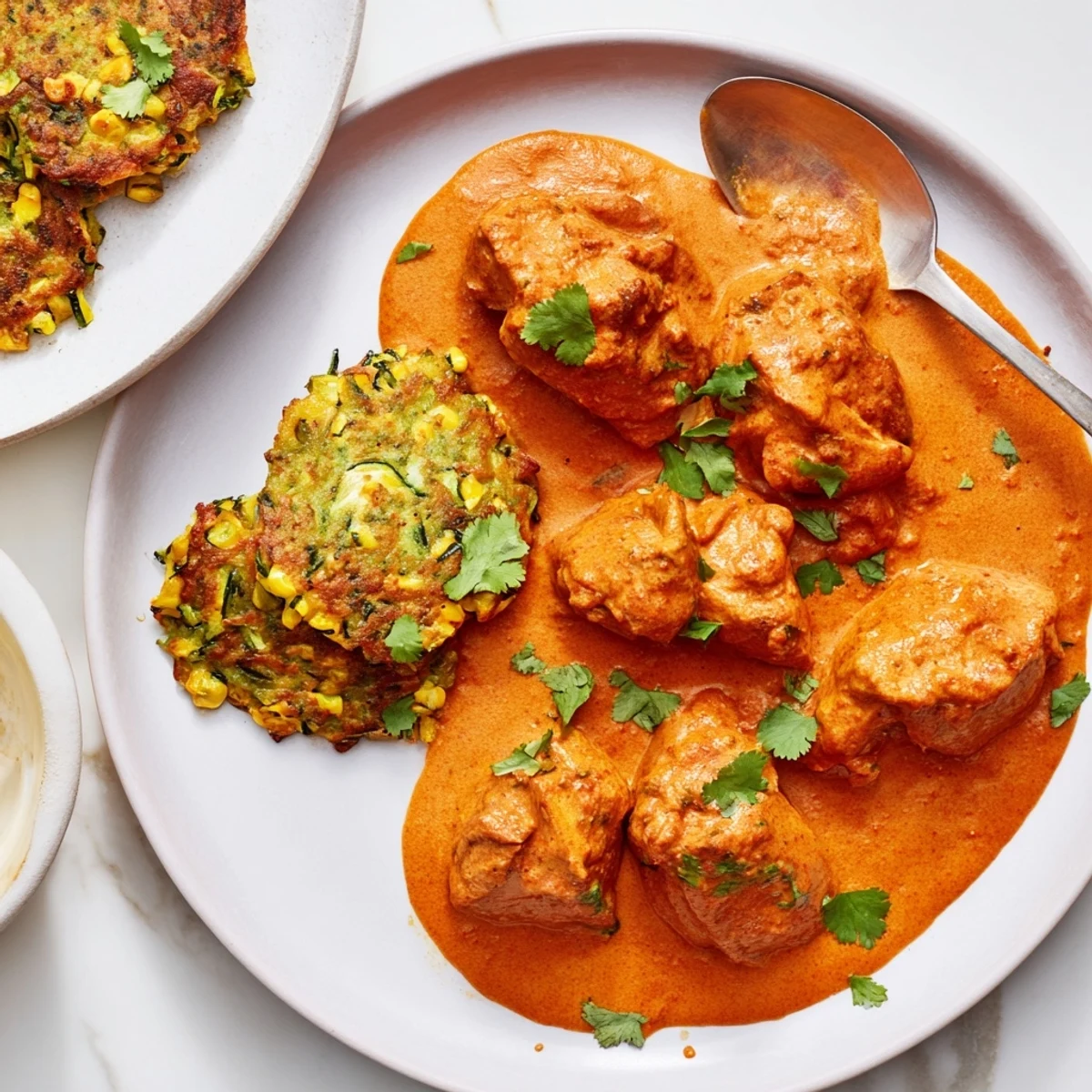 A close-up of creamy, golden Butter Chicken and Vegetable Fritters, garnished with cilantro on a rustic plate.