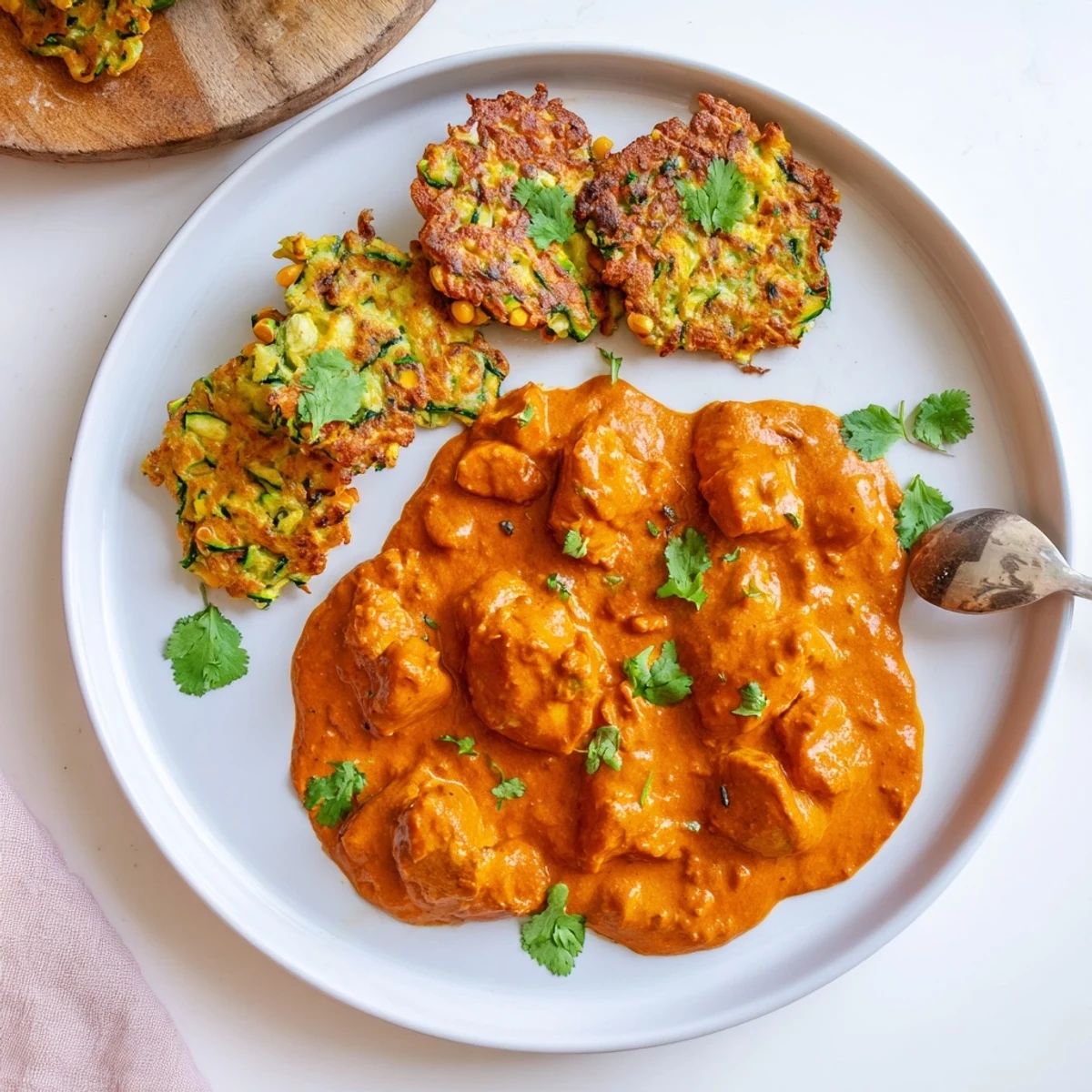 Butter Chicken and Vegetable Fritters plated beside steamed basmati rice for a hearty, comforting dinner.