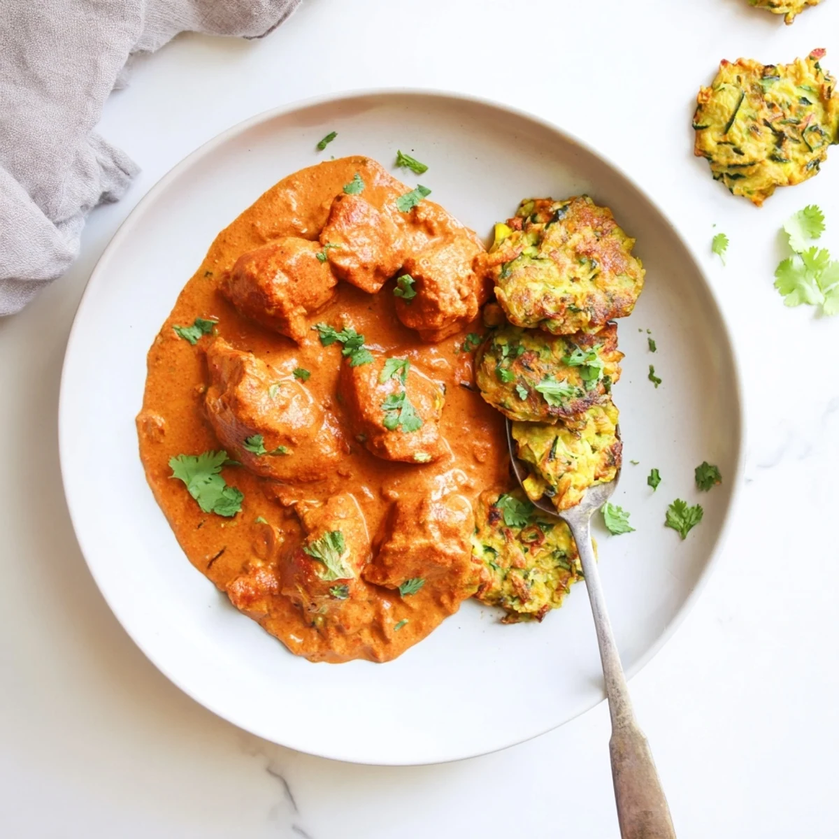 Golden-fried vegetable fritters sit next to a bowl of rich Butter Chicken, perfect for dipping.