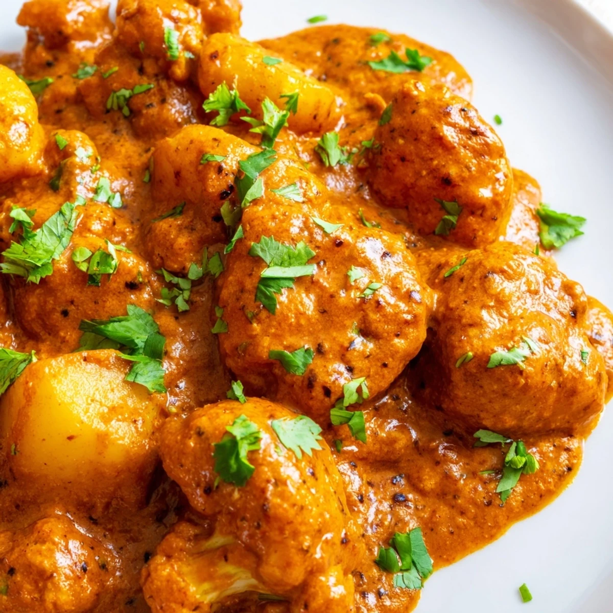 Golden potatoes and cauliflower in spiced tomato butter sauce, Indian Butter Spiced Potatoes and Cauliflower ready to enjoy.
