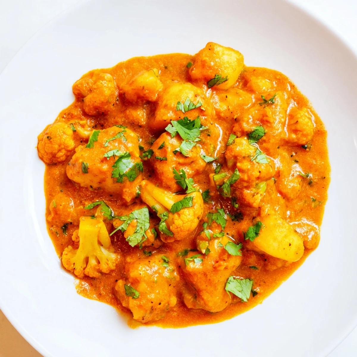 A close-up of Indian Butter Spiced Potatoes and Cauliflower served with fluffy basmati rice and warm naan bread.