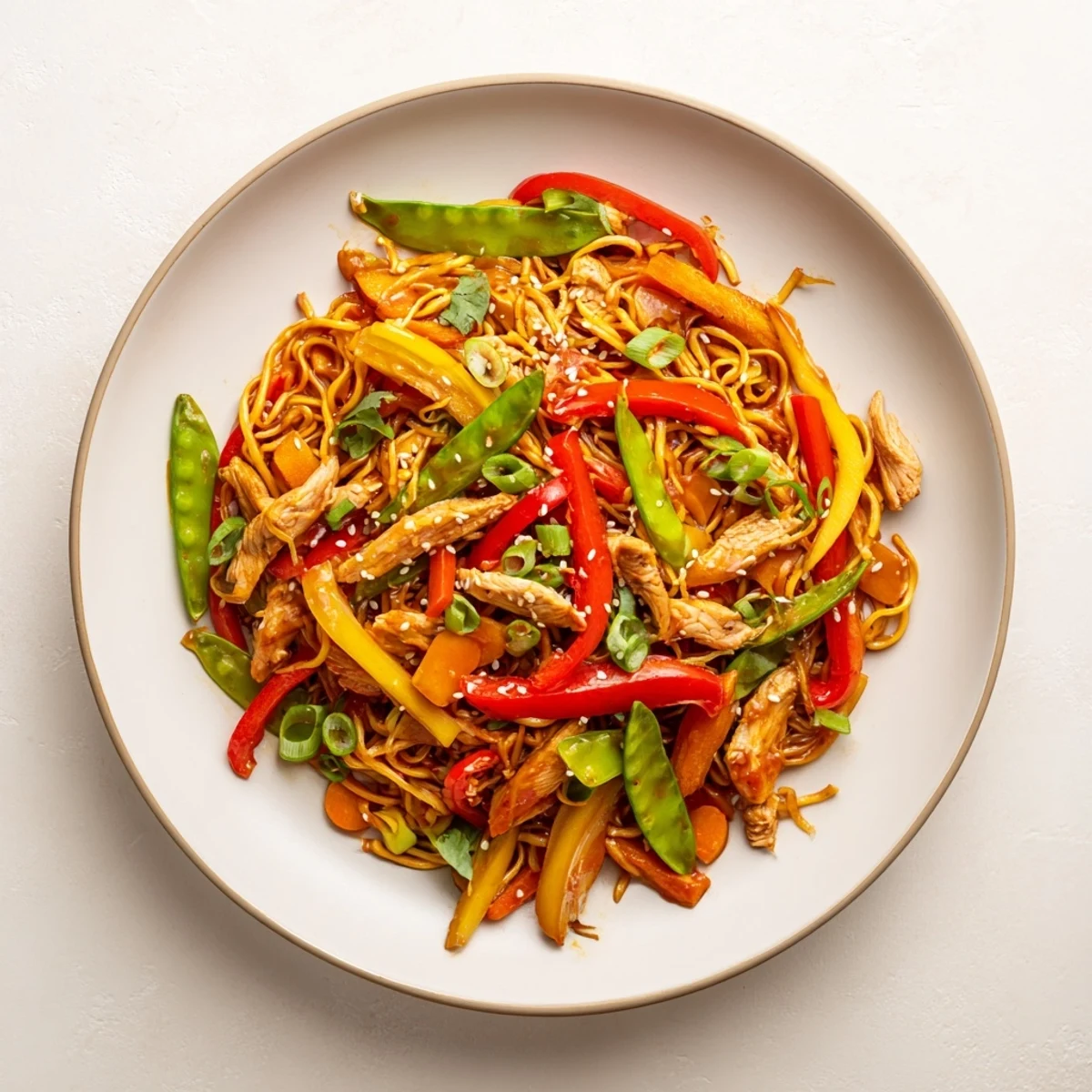 A steaming bowl of Sweet Chilli Turkey Noodle Stir Fry served alongside chopsticks on a wooden table.