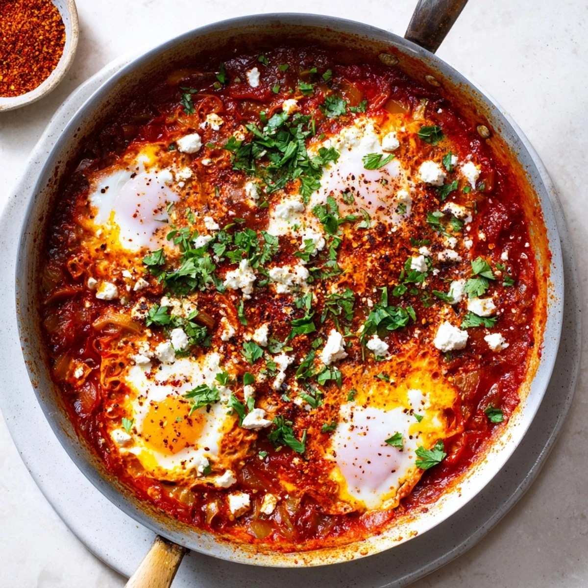 Fragrant Quick Shakshuka Eggs simmering in a spicy tomato and pepper sauce, with runny yolks peeking through, ready to be scooped with crusty bread.