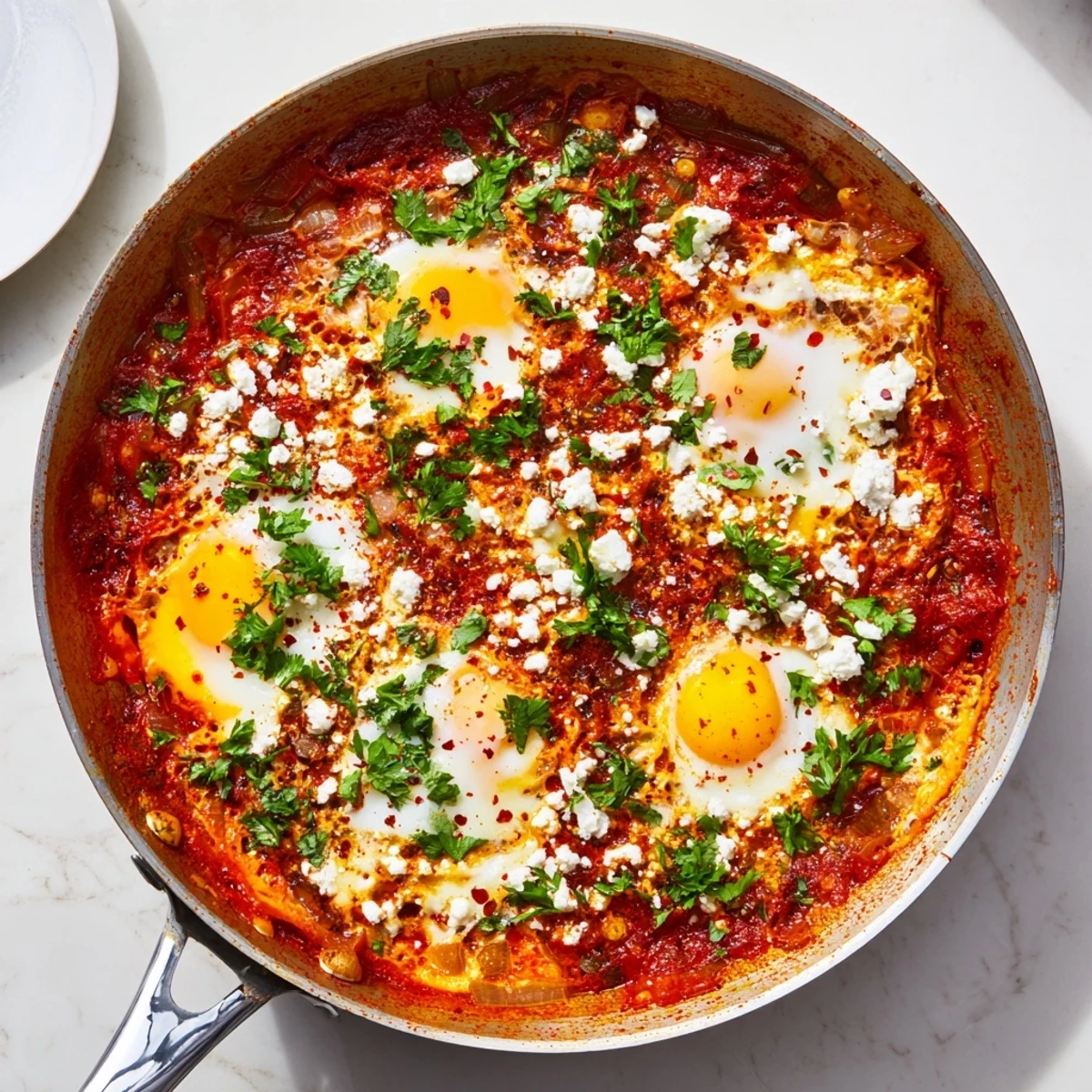 Ceramic skillet of Quick Shakshuka Eggs topped with fresh cilantro and crumbled feta, a vibrant Middle Eastern breakfast or brunch dish served steaming hot.