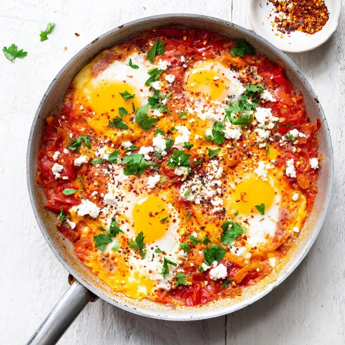 Quick Shakshuka Eggs in a rich, smoky tomato sauce with soft poached eggs, garnished with parsley, ideal for a cozy vegetarian dinner at home.
