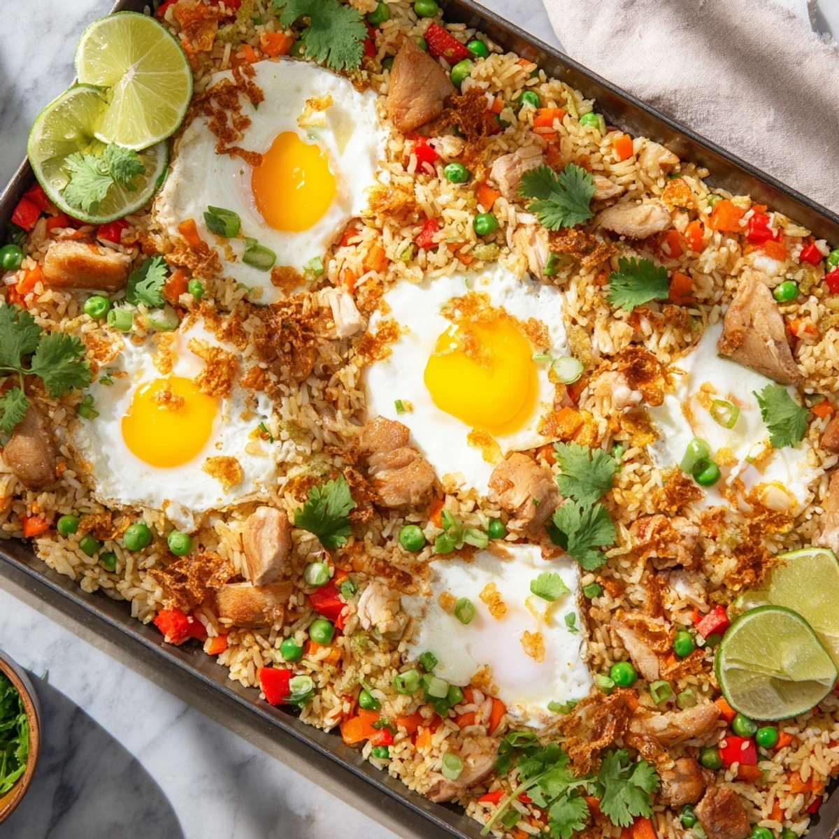 Golden-brown Nasi Goreng Tray Bake with tender chicken, fluffy rice, and vibrant vegetables on a baking tray.