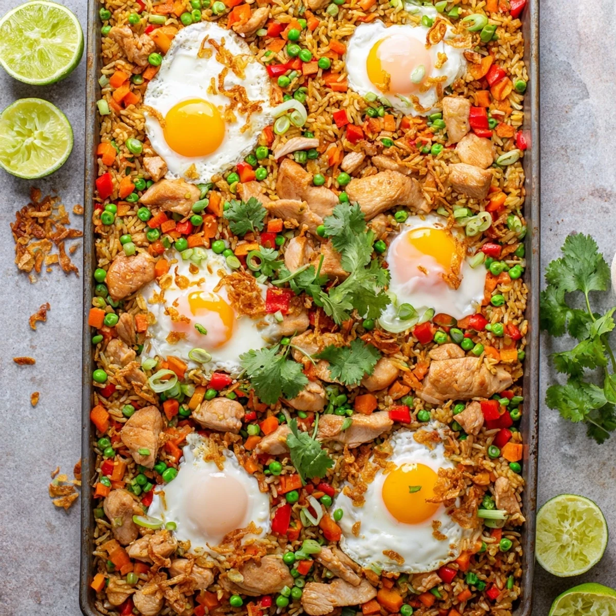 Serving Nasi Goreng Tray Bake from the pan, topped with perfectly baked eggs and crispy fried shallots.