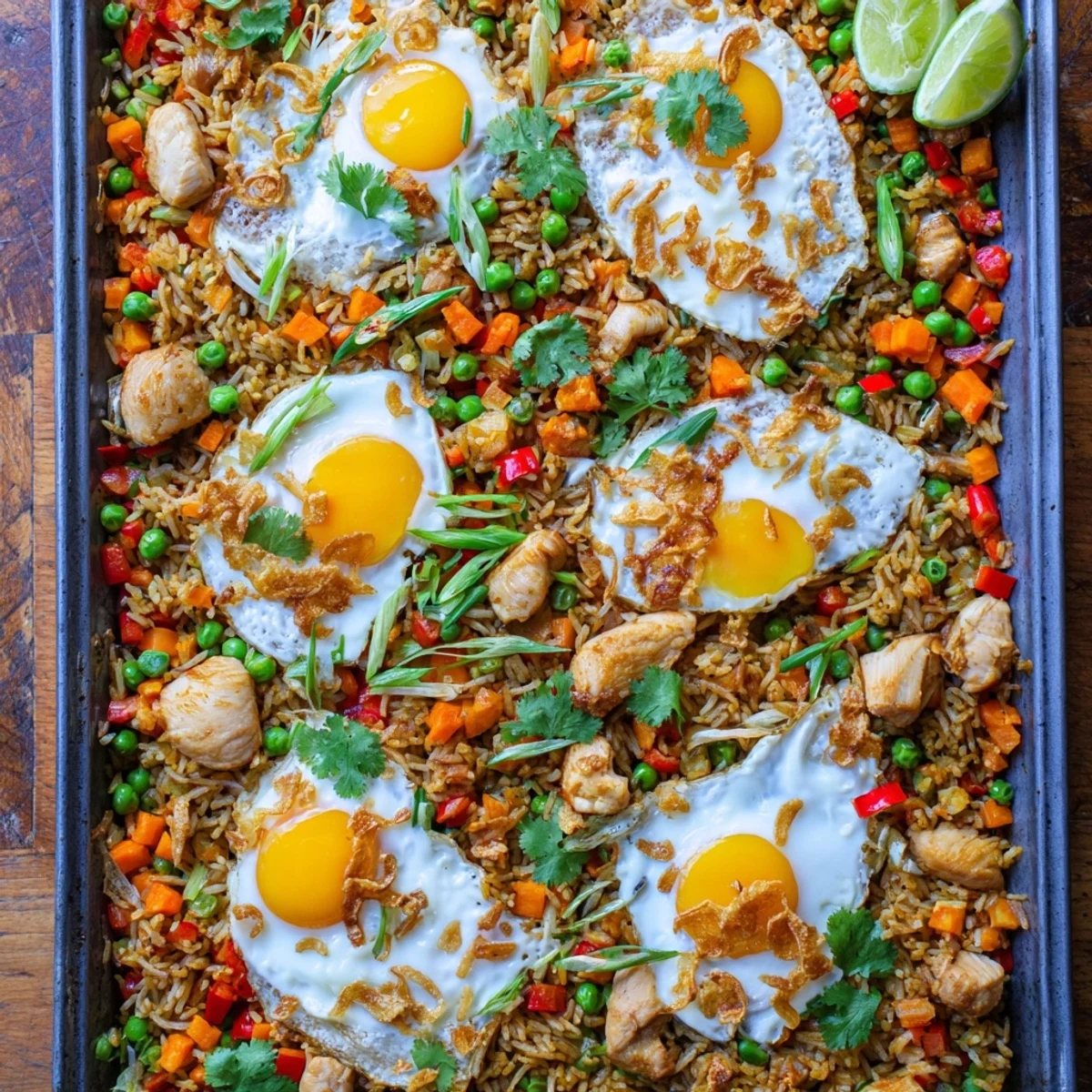 Bubbling Nasi Goreng Tray Bake straight from the oven, garnished with fresh cilantro and lime wedges.