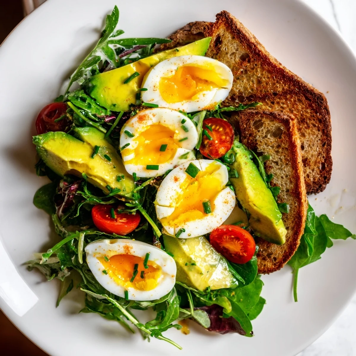 Wholesome breakfast plate featuring runny soft-boiled eggs, dressed arugula spinach blend, and golden brown sourdough toast