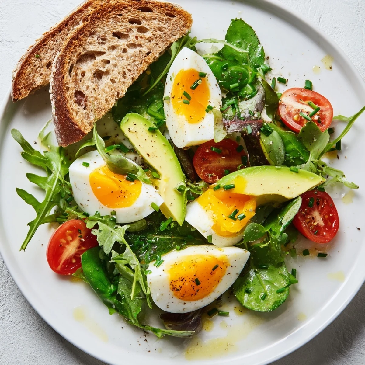 Golden soft-boiled eggs nestled atop crispy artisan toast with fresh mixed greens and ripe avocado slices