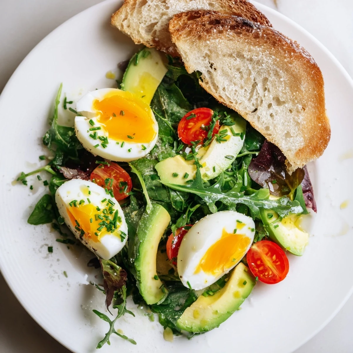 Protein-packed morning meal with jammy eggs, cherry tomatoes, and buttery avocado arranged over toasted bread slices