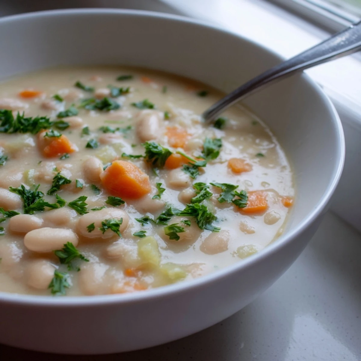 Steaming bowl of cozy rosemary garlic white bean soup served with crusty bread for dipping