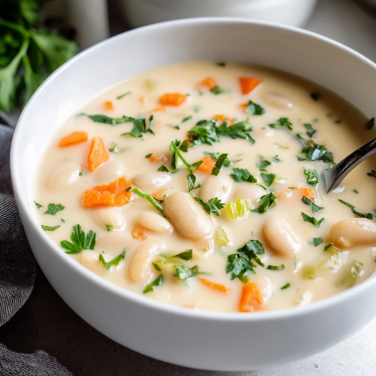 Creamy rosemary garlic white bean soup garnished with fresh parsley in a rustic bowl