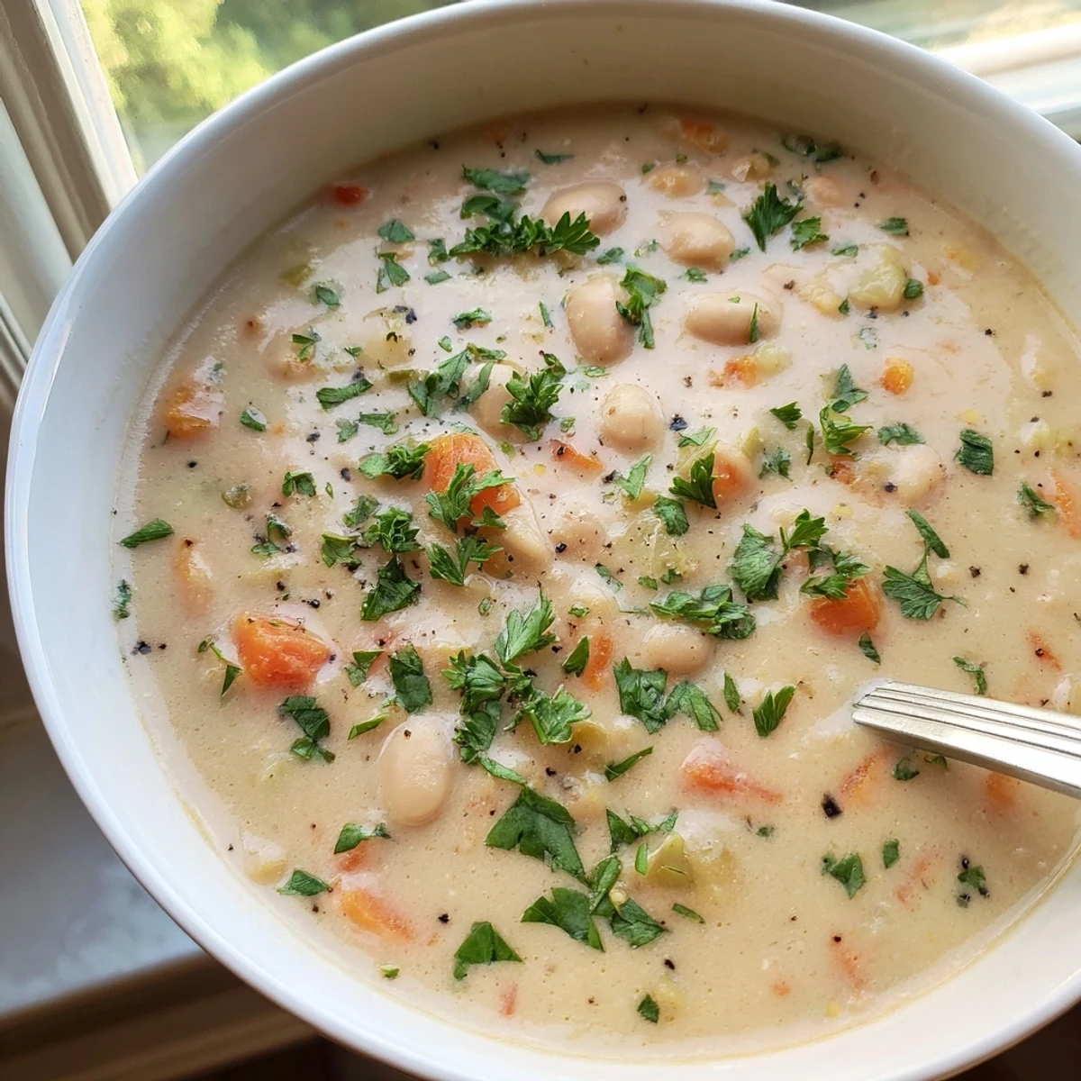Velvety white bean soup infused with aromatic rosemary and garlic, perfect for cold weather comfort