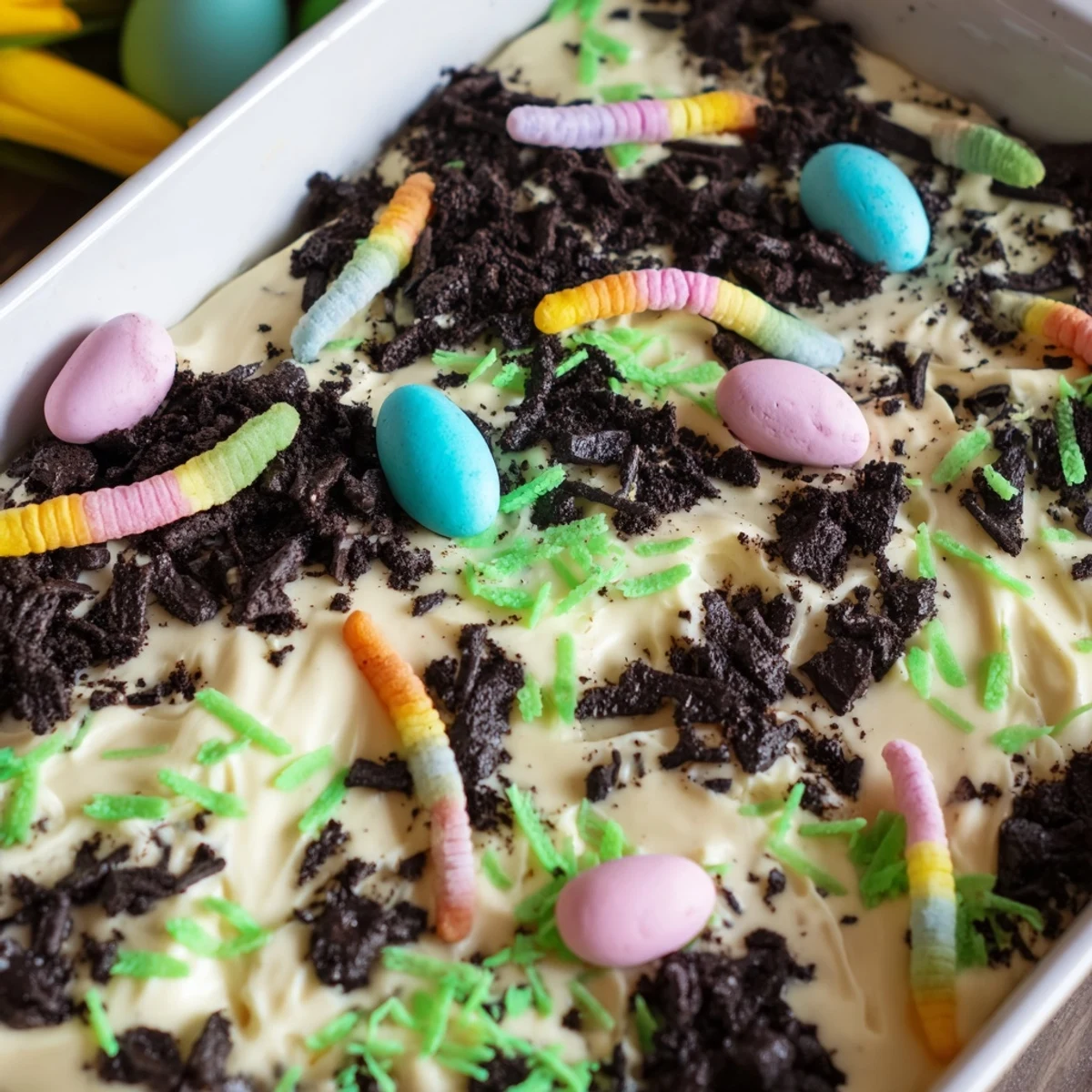 Creamy Easter dirt cake casserole layered with crushed Oreos and colorful gummy worms