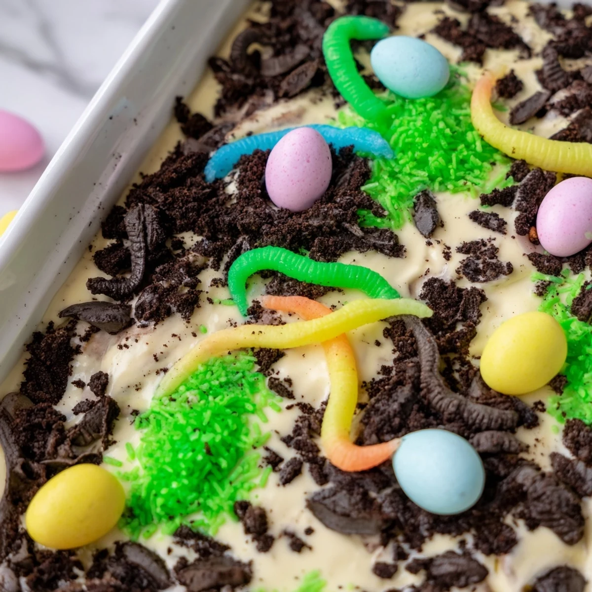 Festive no-bake Easter dirt cake casserole topped with pastel candy eggs and green coconut