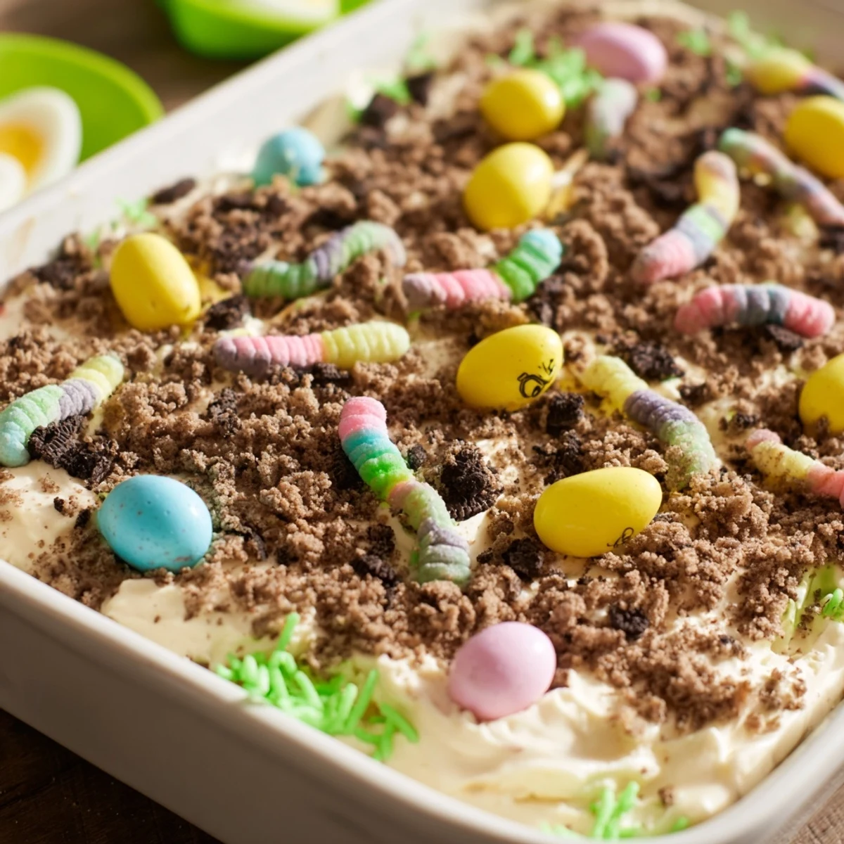 Whimsical spring dessert featuring vanilla pudding layers beneath chocolate cookie dirt and wiggly gummy worms