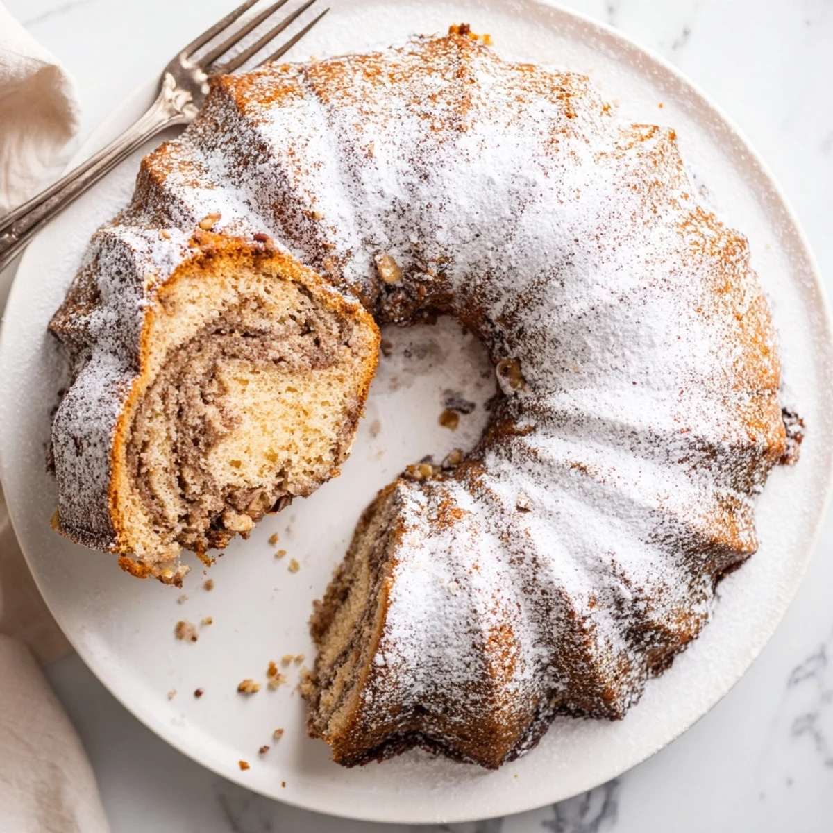 Golden breakfast Bundt coffee cake with cinnamon swirl and powdered sugar dusting