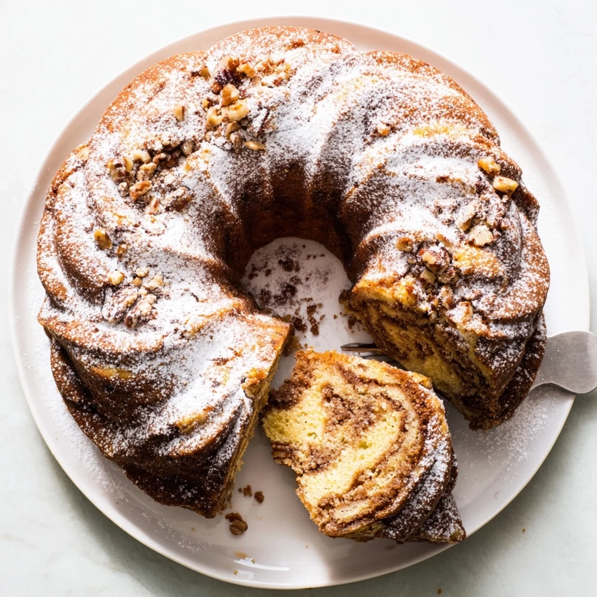Tender cinnamon-swirled breakfast Bundt coffee cake served on a rustic white plate