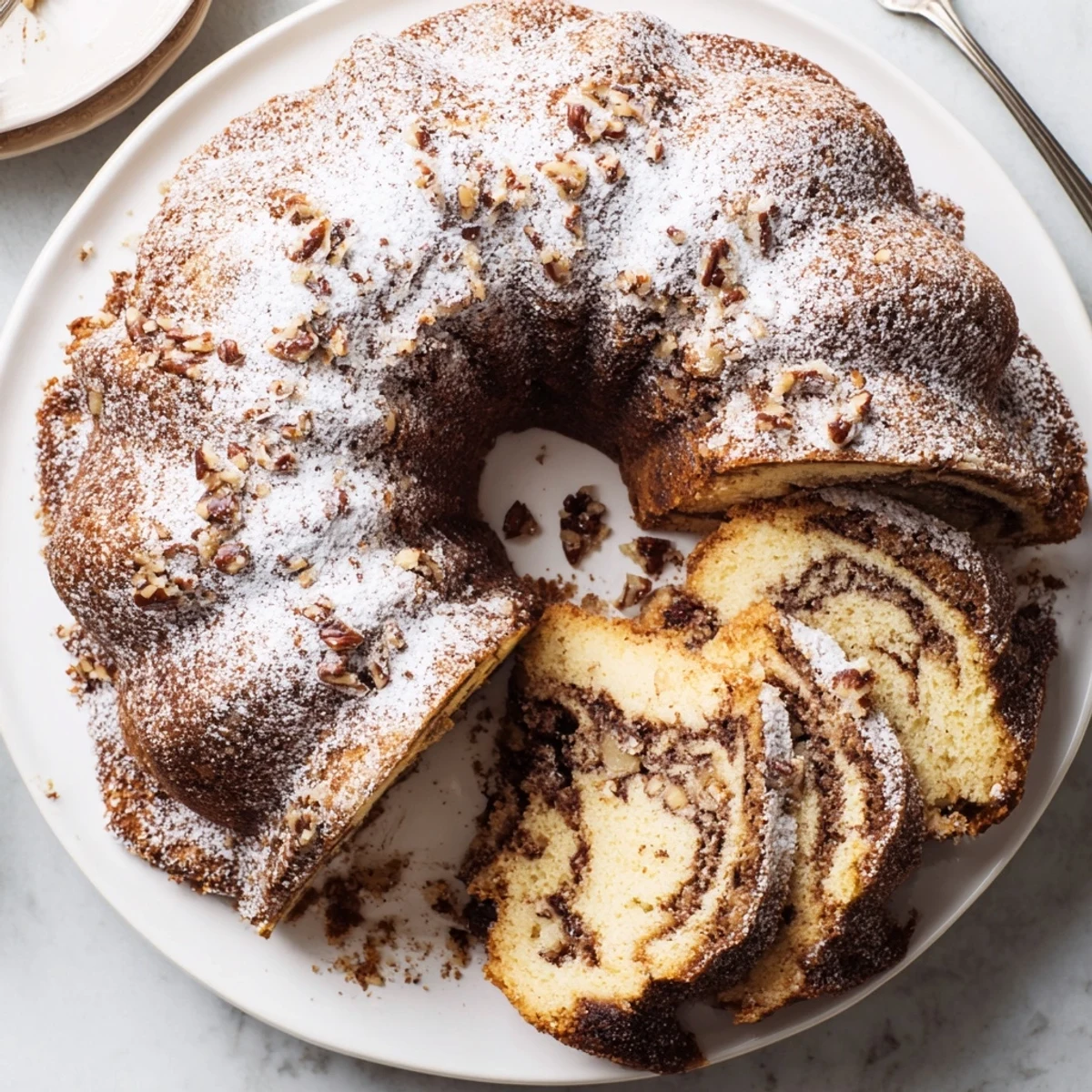 Sliced easy breakfast Bundt coffee cake revealing moist cinnamon layers and pecan topping