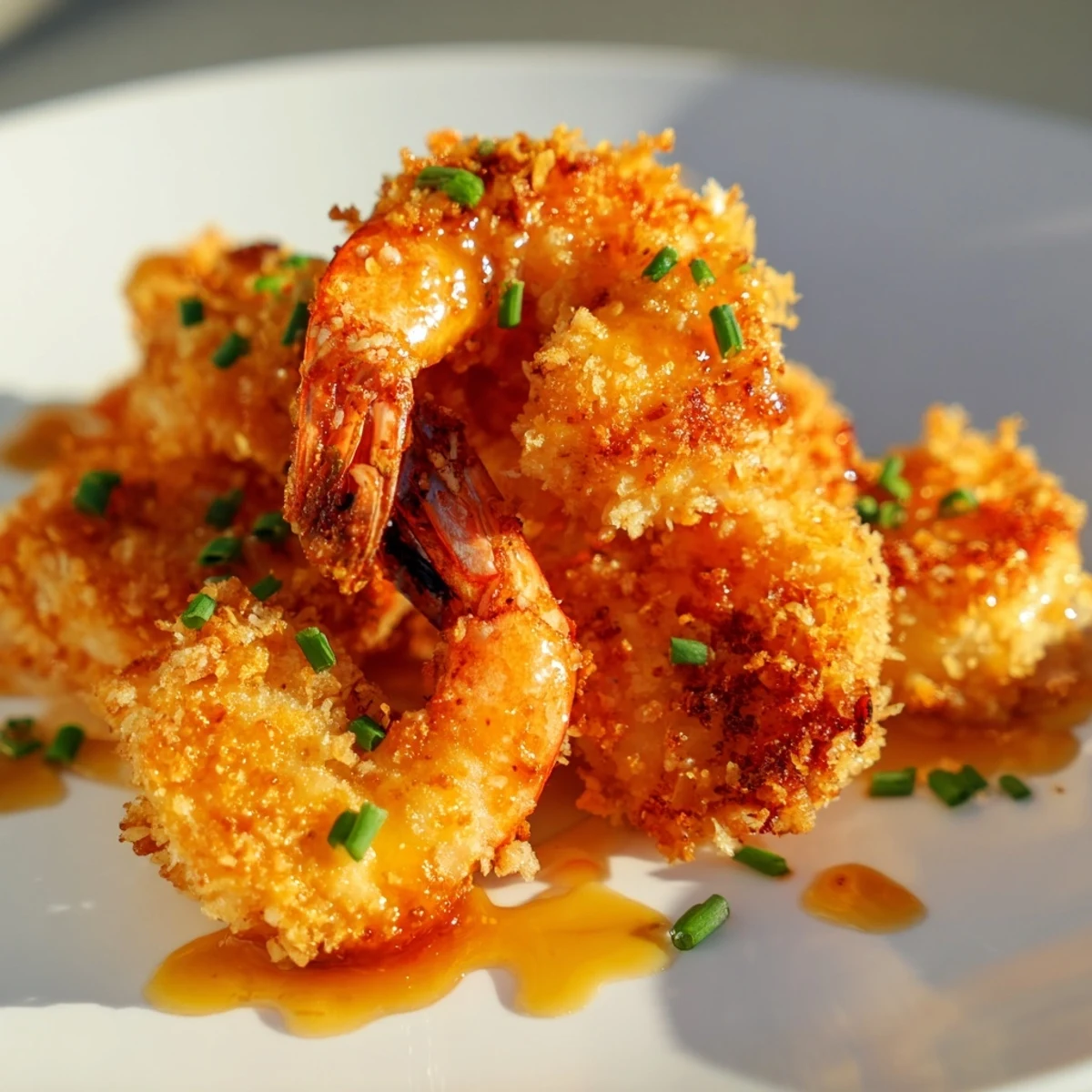 Appetizer of hot honey fried shrimp drizzled with spicy honey sauce and fresh chives