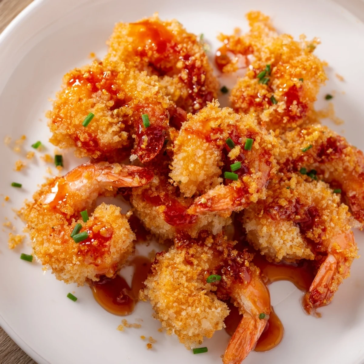 Golden crispy hot honey fried shrimp coated in sweet spicy glaze on white plate