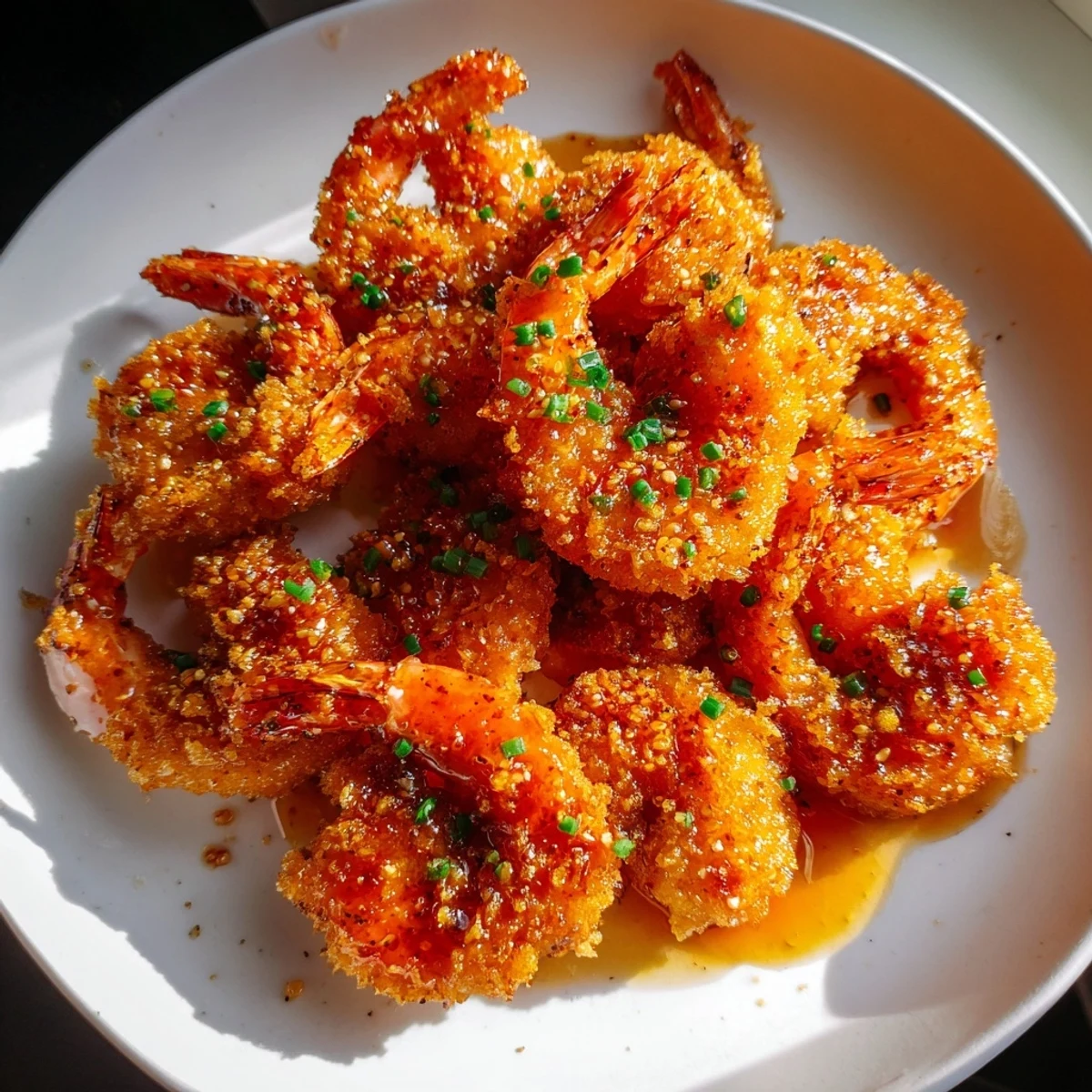 Plate of hot honey fried shrimp served with lemon wedges and parsley garnish