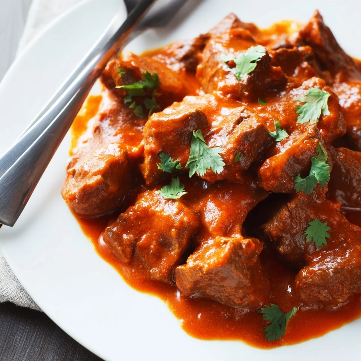 Tender beef cubes served in a bowl of Indian beef curry over fluffy white basmati rice