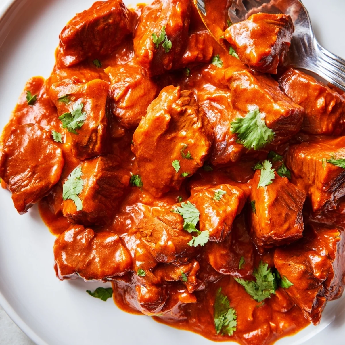 Golden beef chunks simmered in aromatic Indian beef curry with rich spiced tomato gravy
