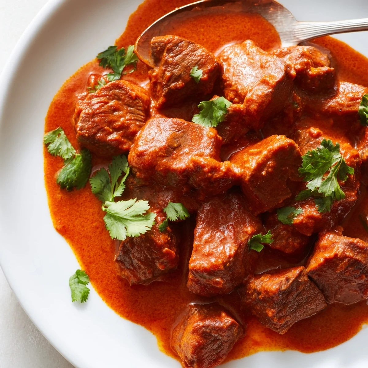 Spoon lifting savory Indian beef curry with tender beef pieces from a dark rustic serving bowl