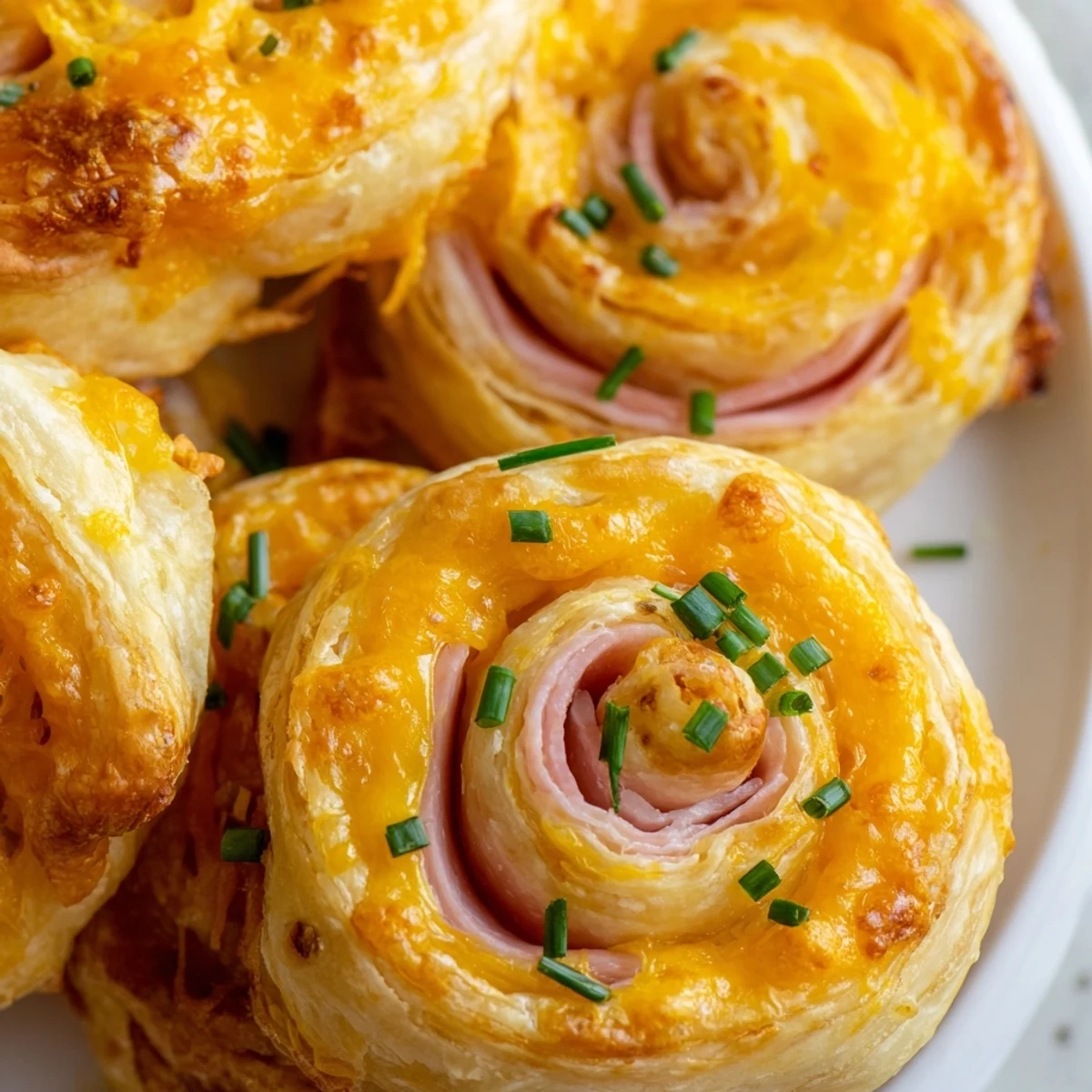 Golden baked Easter ham Cheddar pinwheels arranged on a white serving platter with fresh herbs