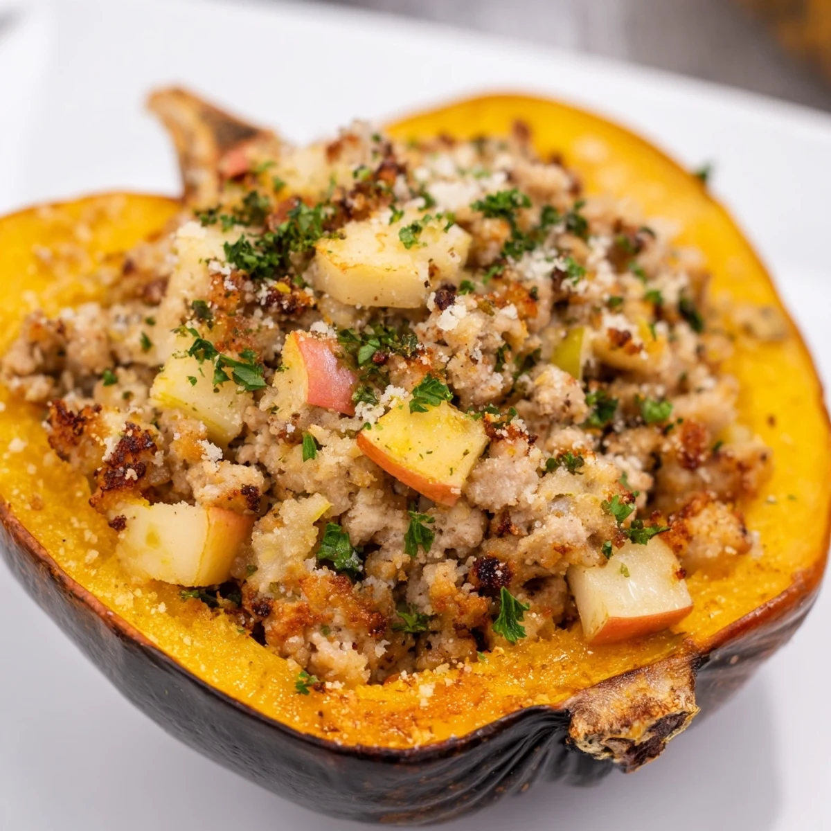 Hearty turkey stuffed acorn squash halves topped with melted Parmesan and fresh parsley garnish