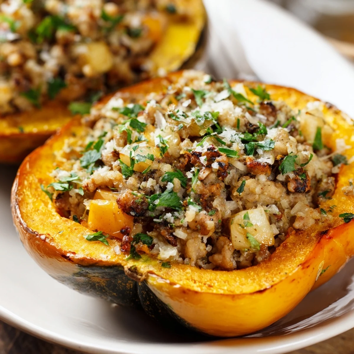 Comforting autumn meal of roasted acorn squash filled with seasoned turkey and colorful diced vegetables