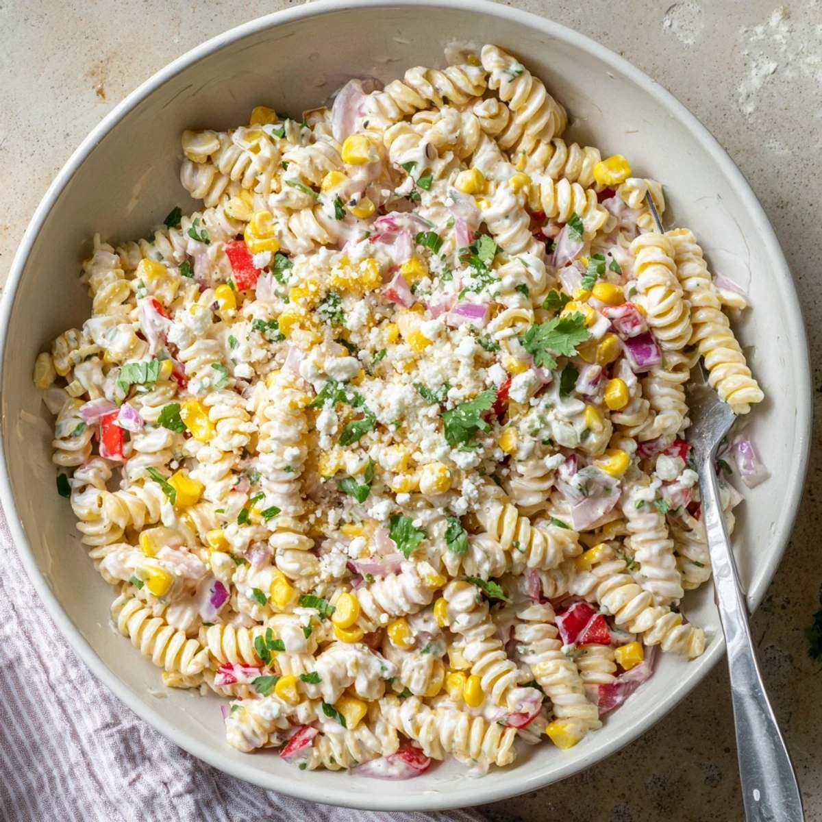 Creamy Mexican street corn pasta salad with golden corn kernels, red bell pepper, and crumbled cotija cheese in a smoky lime dressing