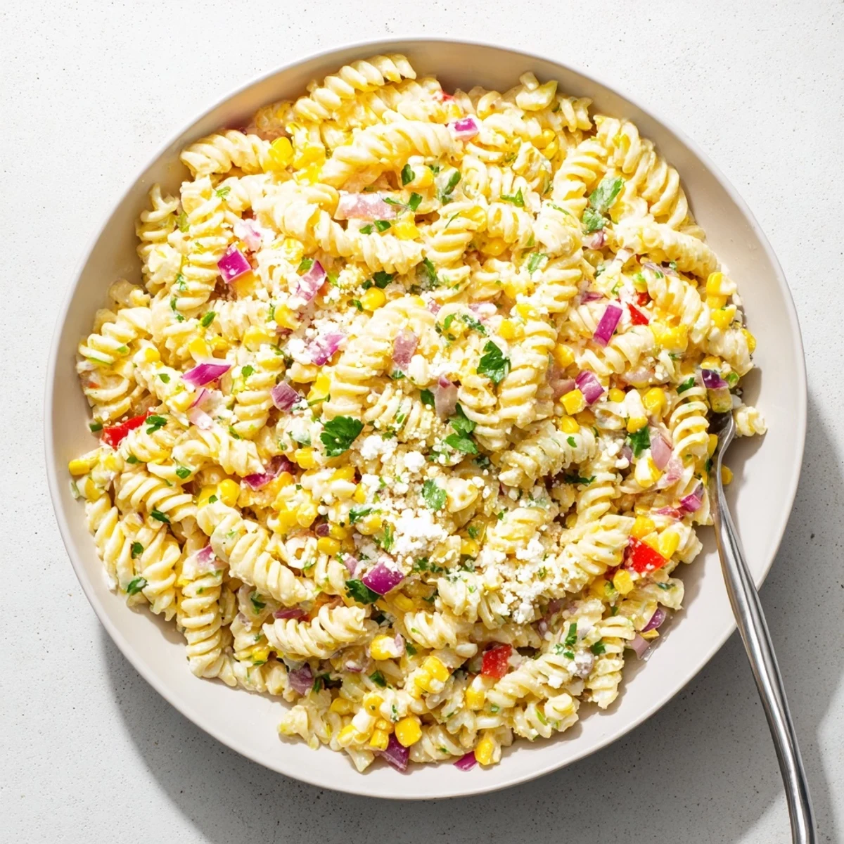 Vibrant Mexican street corn pasta salad with sweet charred corn, diced peppers, and cilantro in a spicy mayonnaise lime dressing