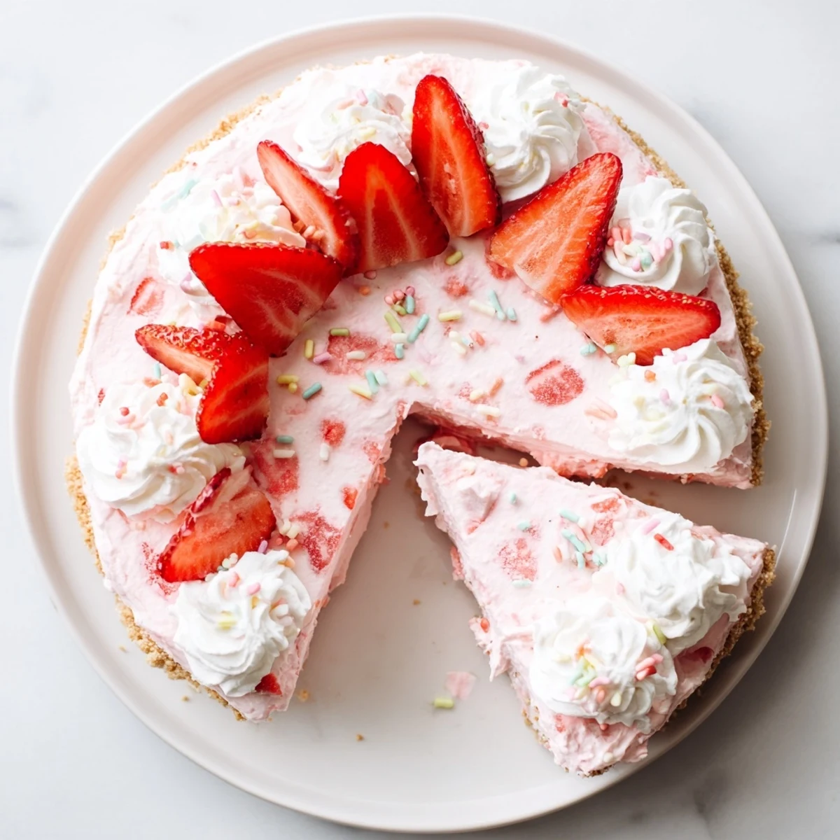 Vibrant pink no bake Jello pie topped with whipped cream and sliced strawberries