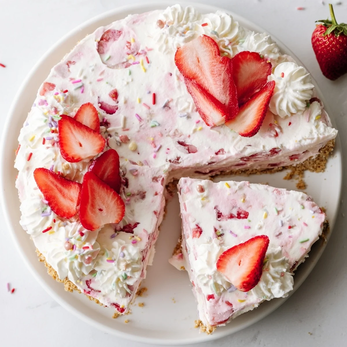 Creamy strawberry no bake Easter Jello pie with fresh berry chunks and graham cracker crust