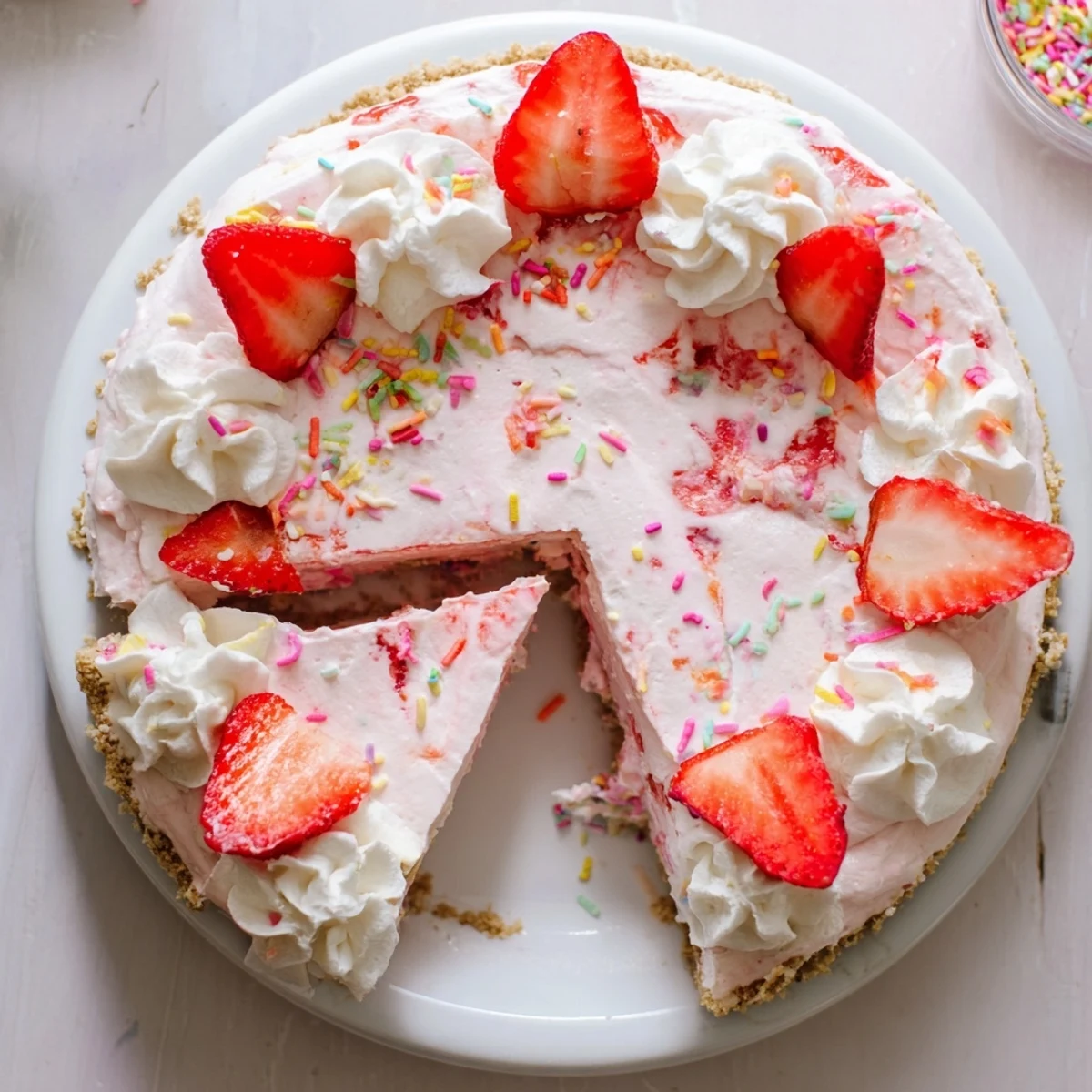 Spring dessert showcasing layers of strawberry Jello and cream filling in golden crust