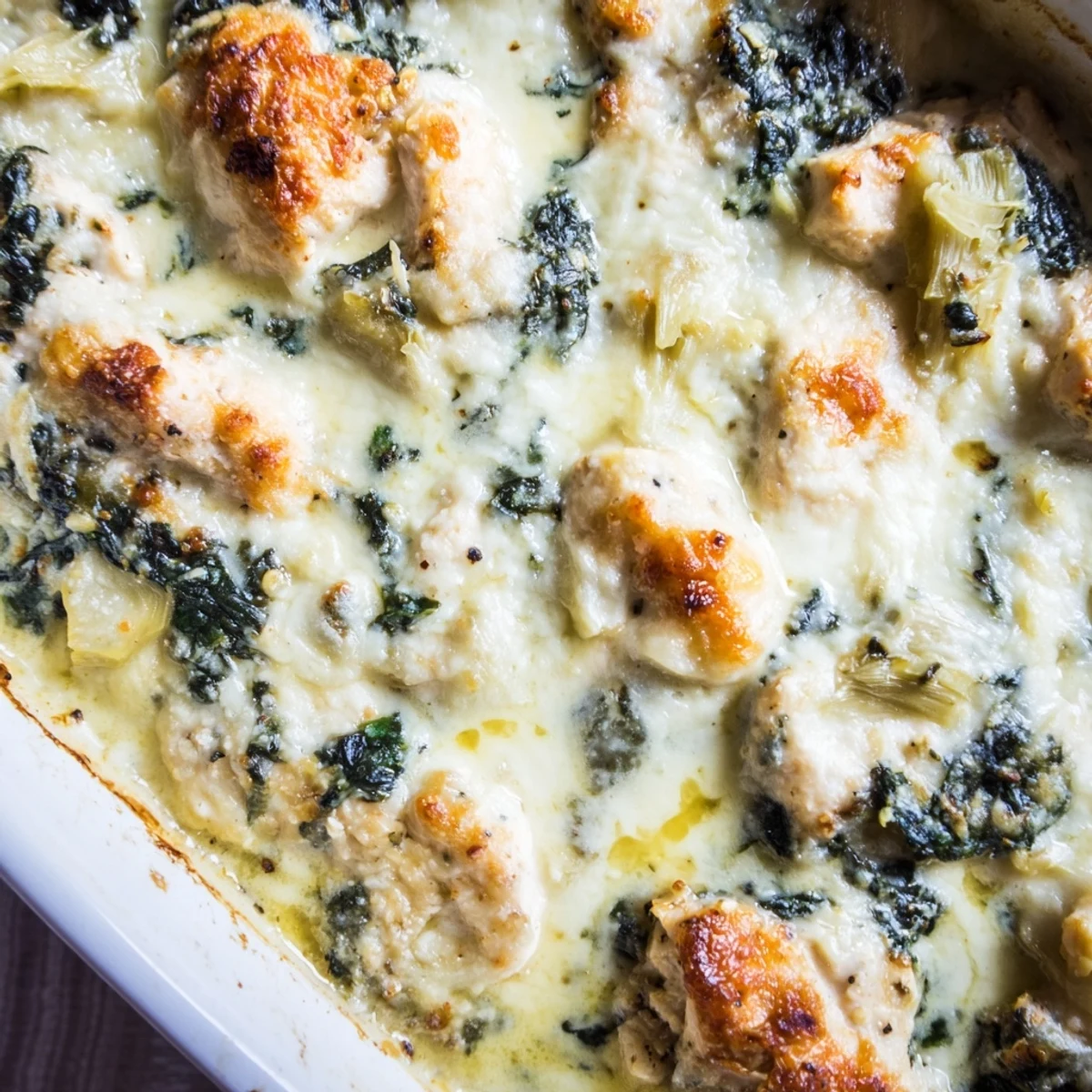Golden brown spinach and artichoke chicken bake fresh from the oven with melted mozzarella topping