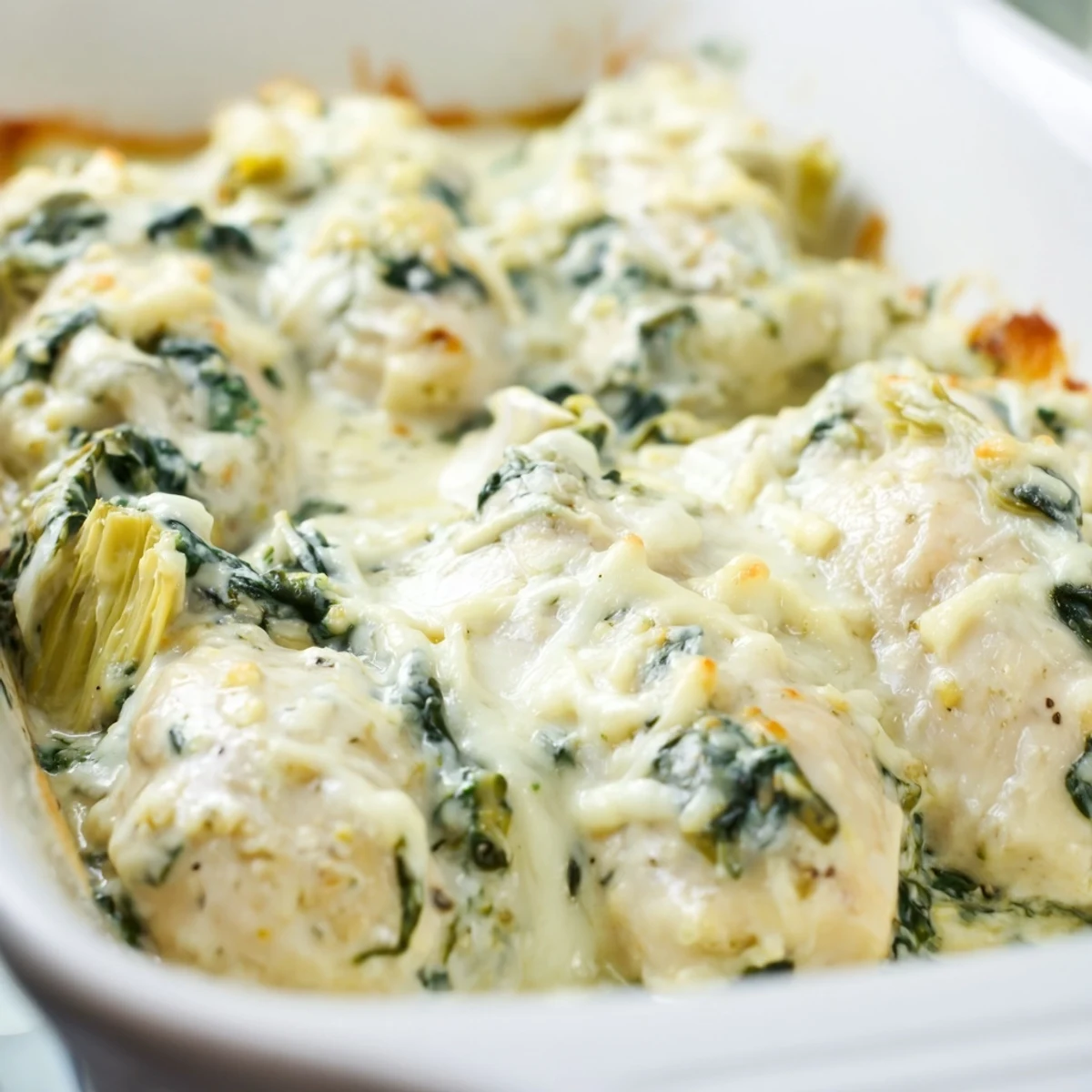 Juicy baked chicken breasts topped with cheesy spinach artichoke mixture and golden parmesan crust